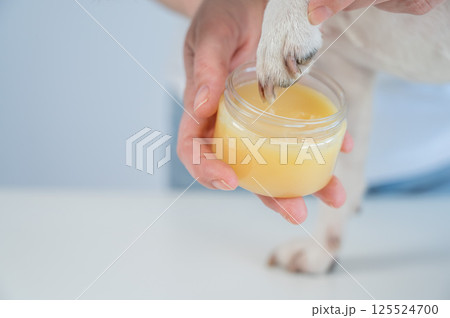 The owner puts wax on the dog's paws.  125524700
