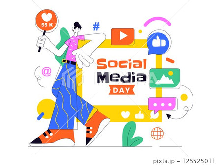 Social Media Day Vector Illustration featuring Social Network icons on a Smartphone, Connecting People Together in a Flat Style Cartoon Background 125525011