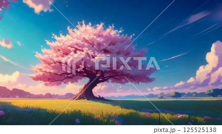 一本桜が咲く平原 125525138