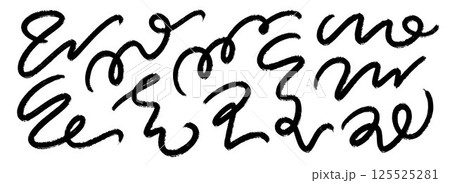 Black squiggle brush stroke set. Wiggly paint line collection. Charcoal curly flourish pack for highlight, underline, emphasis. Crayon wavy undulate strips. Rough chalk scribble swoosh stripes. Vector Black squiggle brush stroke set. Wiggly paint line collection. Charcoal curly flourish pack for highlight, underline, emphasis. Crayon wavy undulate strips. Rough chalk scribble swoosh stripes. Vector 125525281