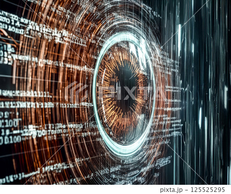 瞳のクローズアップに映るホログラフィックディスプレイのイメージ素材 125525295