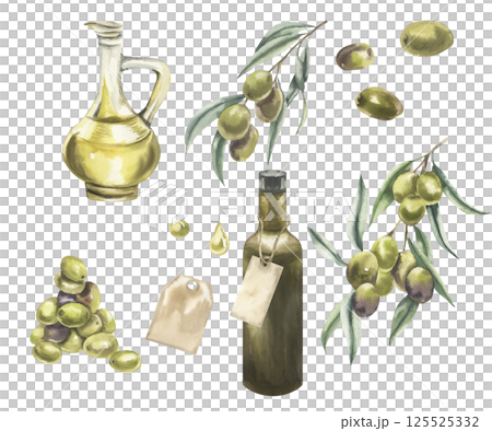 Vegan healthy food watercolor collection with olives,olive oil jug and green bottle, olive fruits,bunch, paper tag and floral elements illustration. Isolated clipart for menu,logo, packing design 125525332