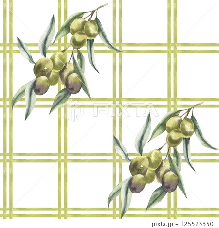 Olives branches on green plaid background watercolor seamless pattern. Hand drawn vegan eco food clipart for home and kitchen textile, fabric, Tuscany style wallpaper design 125525350