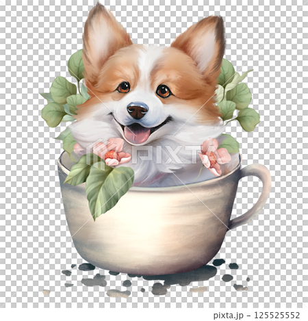 Charming illustration of a happy corgi puppy sitting in a cup surrounded by flowers, perfect for pet lovers and whimsical decor 125525552