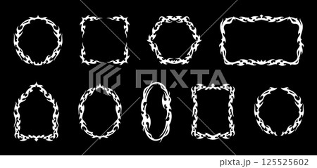 Neo gothic tribal frames set. Vector circular, rectangular, oval, hexagon and arched white borders feature flame like elements. Horror ornamental shapes, fantasy emo style frames with spikes or thorns Neo gothic tribal frames set. Vector circular, rectangular, oval, hexagon and arched white borders feature flame like elements. Horror ornamental shapes, fantasy emo style frames with spikes or thorns 125525602