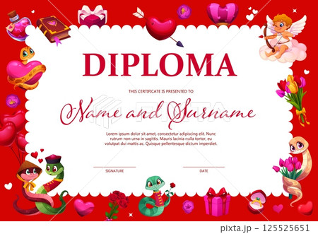 Valentines day diploma certificate with cherubs, cute snakes and hearts. Cartoon vector honor frame layout template featuring cupids, roses, rings, reptiles in love and romantic elements on red border 125525651