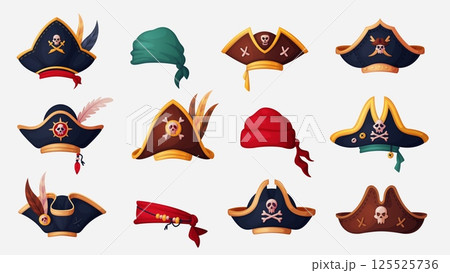 Pirate captain tricorn hats and bandanas. Cartoon vector set of corsair cocked hats and and sailor head scarves. Carnival buccaneer, filibuster, seaman headwear with feathers and jolly rogers emblems 125525736