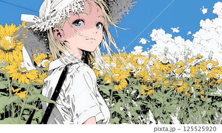 夏の晴天の日、ひまわりの畑を散策している若い女性