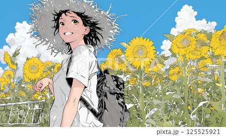 夏の晴天の日、ひまわりの畑を散策している若い女性