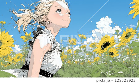 夏の晴天の日、ひまわりの畑を散策している若い女性