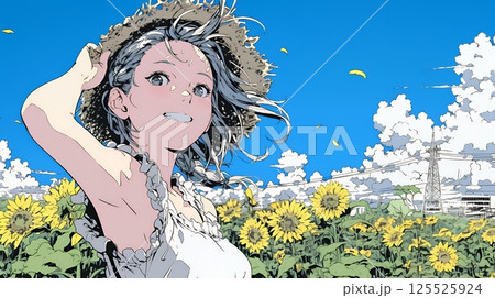 夏の晴天の日、ひまわりの畑を散策している若い女性