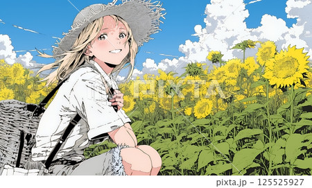 夏の晴天の日、ひまわりの畑を散策している若い女性