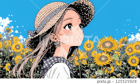夏の晴天の日、ひまわりの畑を散策している若い女性