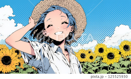 夏の晴天の日、ひまわりの畑を散策している若い女性