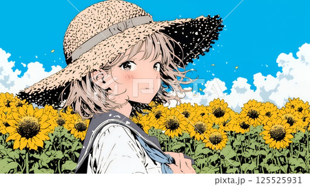 夏の晴天の日、ひまわりの畑を散策している若い女性