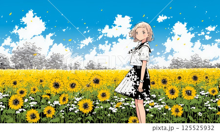 夏の晴天の日、ひまわりの畑を散策している若い女性