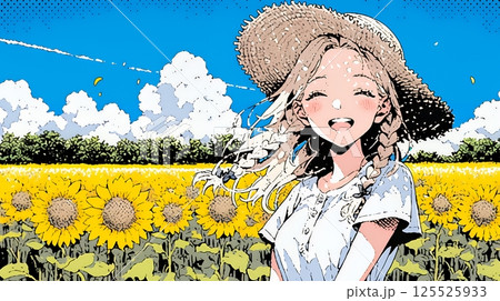 夏の晴天の日、ひまわりの畑を散策している若い女性