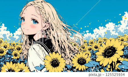 夏の晴天の日、ひまわりの畑を散策している若い女性
