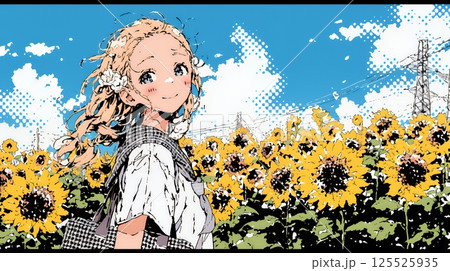 夏の晴天の日、ひまわりの畑を散策している若い女性