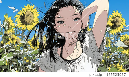 夏の晴天の日、ひまわりの畑を散策している黒髪の若い女性