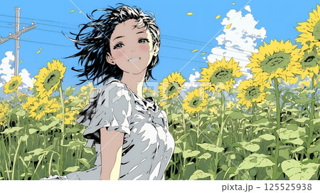 夏の晴天の日、ひまわりの畑を散策している黒髪の若い女性