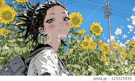 夏の晴天の日、ひまわりの畑を散策している黒髪の若い女性