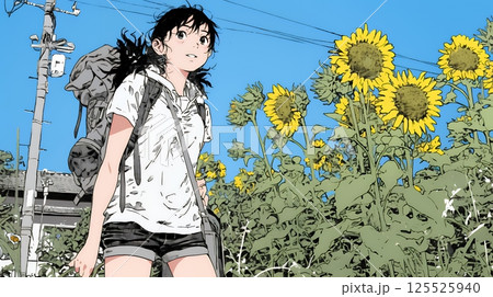 夏の晴天の日、ひまわりの畑を散策している黒髪の若い女性