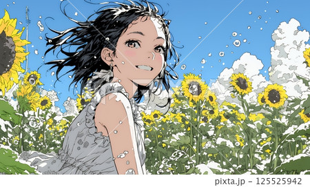 夏の晴天の日、ひまわりの畑を散策している黒髪の若い女性