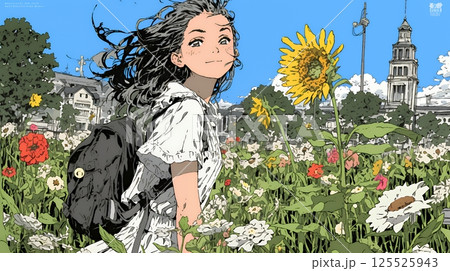 夏の晴天の日、ひまわりの畑を散策している黒髪の若い女性