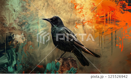Crow on a perch in vibrant abstract art. 125526942