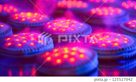 Illuminated cookies with neon light patterns. 125527042