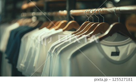 Clothes on hangers at a stylish boutique. 125527181