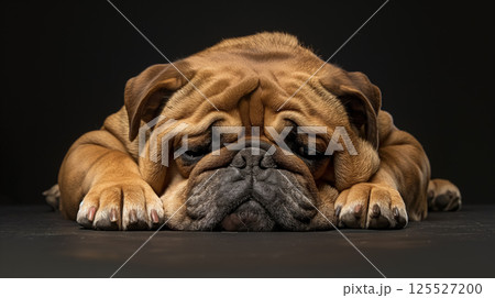 Sad bulldog resting its head on paws. 125527200