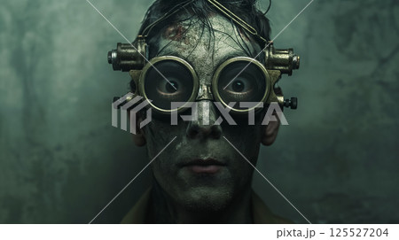 Man with bizarre goggles and a grimy face. 125527204