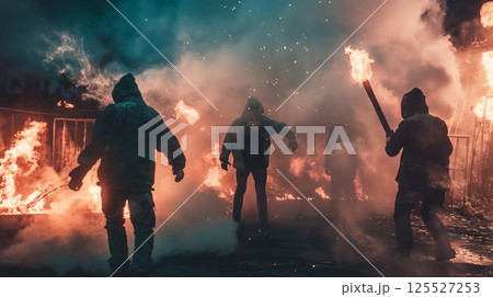 Silhouettes with torches amidst fire and smoke. 125527253