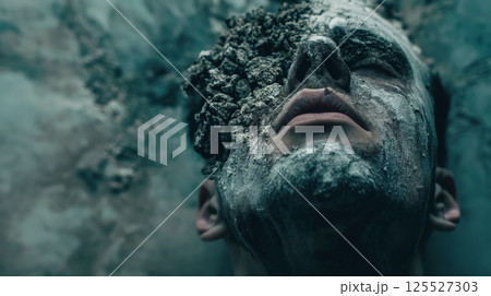 Man's face disintegrating into earth. 125527303