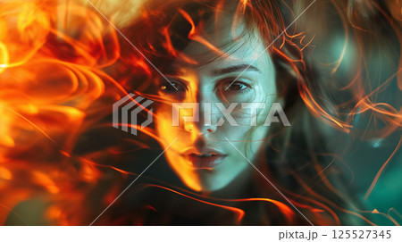 Fiery effects around a woman's face. 125527345