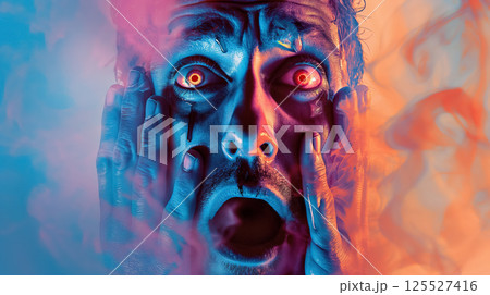 Man terrified with hands on face, colorful smoke. 125527416