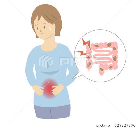 お腹が痛く苦しそうに大腸を抑える女性の上半身イラスト お腹が痛く苦しそうに大腸を抑える女性の上半身イラスト 125527576