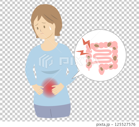 一位因胃痛而摀住大腸的女性上半身的插圖 125527576