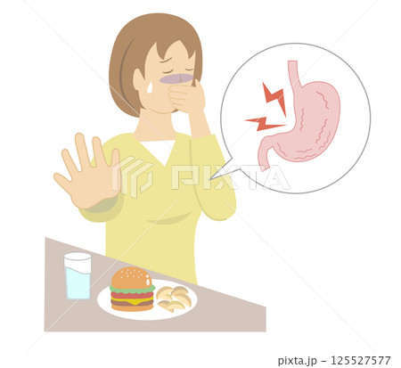 胃がムカムカして口を手で抑え食事を食べることができない若い女性 胃がムカムカして口を手で抑え食事を食べることができない若い女性 125527577