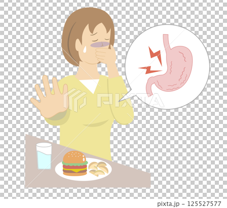 胃がムカムカして口を手で抑え食事を食べることができない若い女性 胃がムカムカして口を手で抑え食事を食べることができない若い女性 125527577