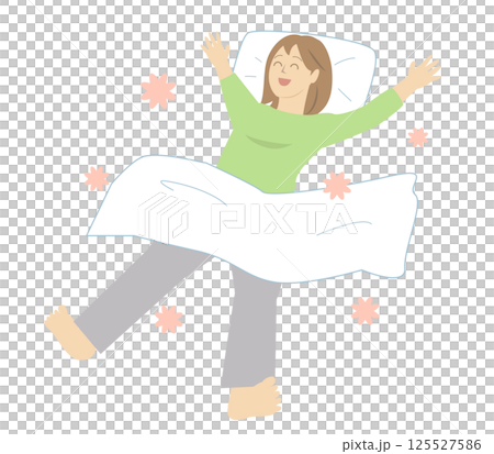 休日にリラックスしてベッドで伸びをする若い女性 125527586
