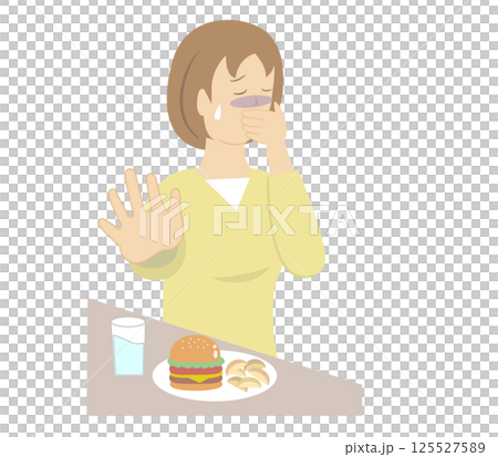 胃がムカムカして口を手で抑え食事を食べることができない若い女性 125527589