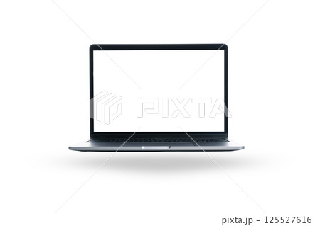 A sleek laptop with an open, blank screen awaits tasks, isolated on white 125527616