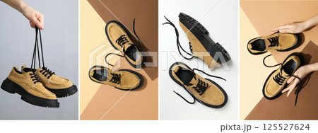 Brown shoes showcased from various angles, highlighting design and texture. Brown shoes showcased from various angles, highlighting design and texture. 125527624