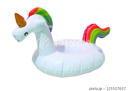 Colorful unicorn float ready for summertime enjoyment in pools, isolated on white background Colorful unicorn float ready for summertime enjoyment in pools, isolated on white background 125527637