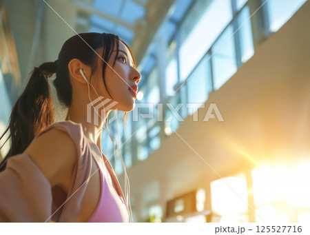 ジムでトレーニングする若い女性のイメージ素材 125527716