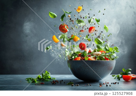 Bubbling pot of soup with floating herbs and spices in dynamic kitchen setting 125527908