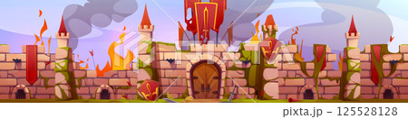 Medieval castle wall on fire during battle 125528128